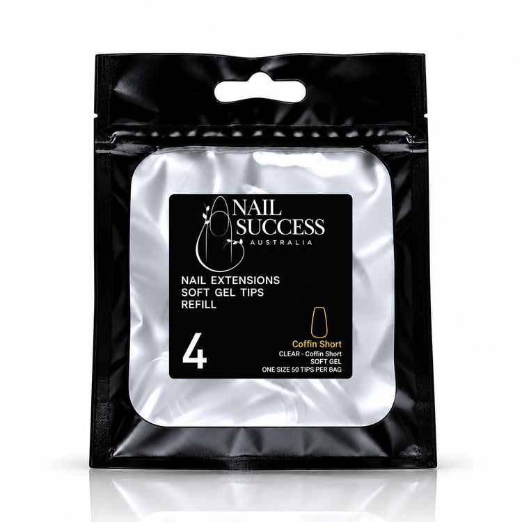 Nail Success Australia Coffin Short soft gel tips refill pouch, size 4, 50 clear tips per bag