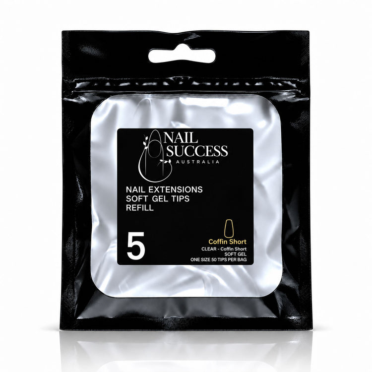 Nail Success Australia Coffin Short soft gel tips refill pouch, size 5, 50 clear tips per bag