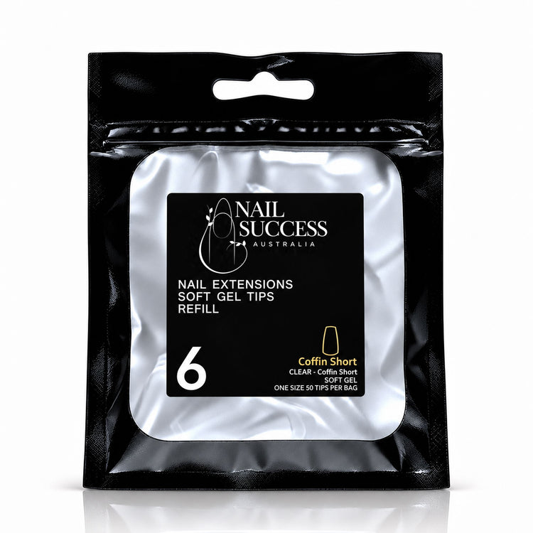 Nail Success Australia Coffin Short soft gel tips refill pouch, size 6, 50 clear tips per bag