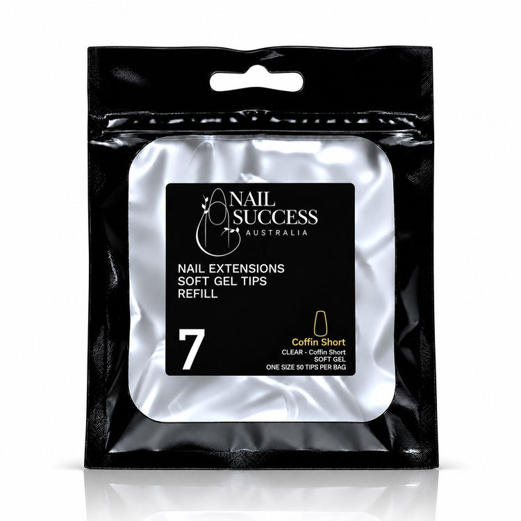 Nail Success Australia Coffin Short soft gel tips refill pouch, size 7, 50 clear tips per bag