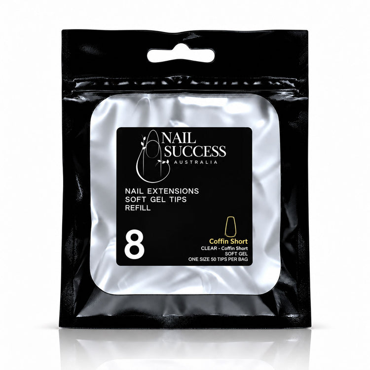 Nail Success Australia Coffin Short soft gel tips refill pouch, size 8, 50 clear tips per bag