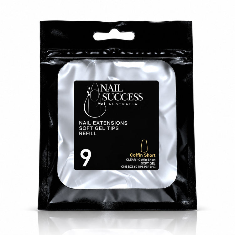 Nail Success Australia Coffin Short soft gel tips refill pouch, size 9, 50 clear tips per bag