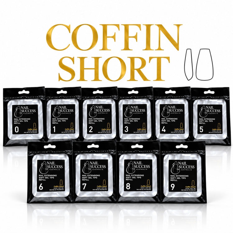 Nail Success Australia Coffin Short soft gel tips individual refills, all 10 sizes, 0 to 9, 50 clear tips per pouch