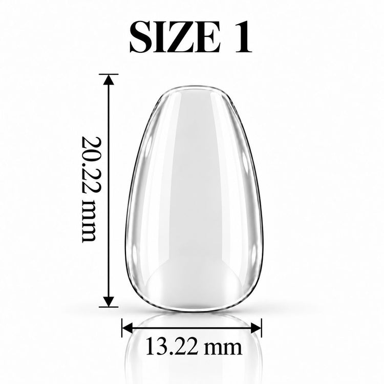 Nail Success Australia Oval Short soft gel tip, size 1, clear, 20.22 mm long x 13.22 mm wide