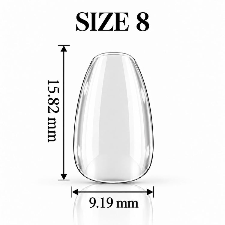 Nail Success Australia Oval Short soft gel tip, size 8, clear, 15.82 mm long x 9.19 mm wide