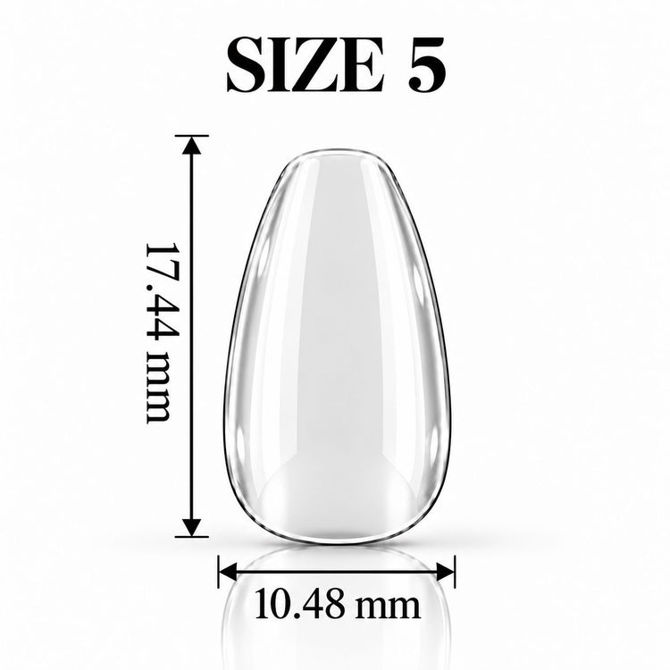 Nail Success Australia Oval Short soft gel tip, size 5, clear, 17.44 mm long x 10.48 mm wide