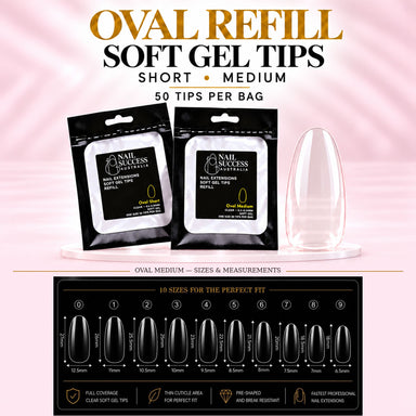 Nail Success Australia Oval refill soft gel tips in Short and Medium, 50 tips per bag, with the Oval Medium size chart for all 10 sizes