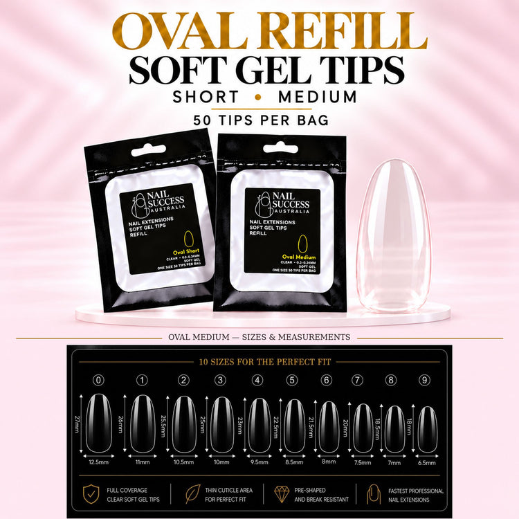 Nail Success Australia Oval refill soft gel tips in Short and Medium, 50 tips per bag, with the Oval Medium size chart for all 10 sizes