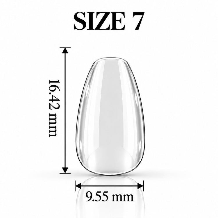 Nail Success Australia Oval Short soft gel tip, size 7, clear, 16.42 mm long x 9.55 mm wide