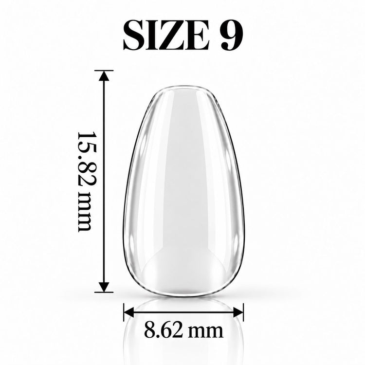 Nail Success Australia Oval Short soft gel tip, size 9, clear, 15.82 mm long x 8.62 mm wide
