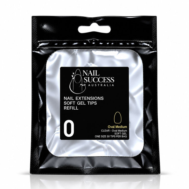 Nail Success Australia Oval Medium soft gel tips refill pouch, size 0, 50 clear tips per bag