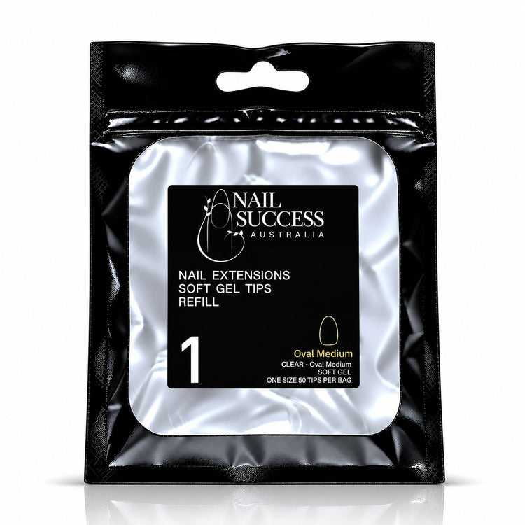 Nail Success Australia Oval Medium soft gel tips refill pouch, size 1, 50 clear tips per bag