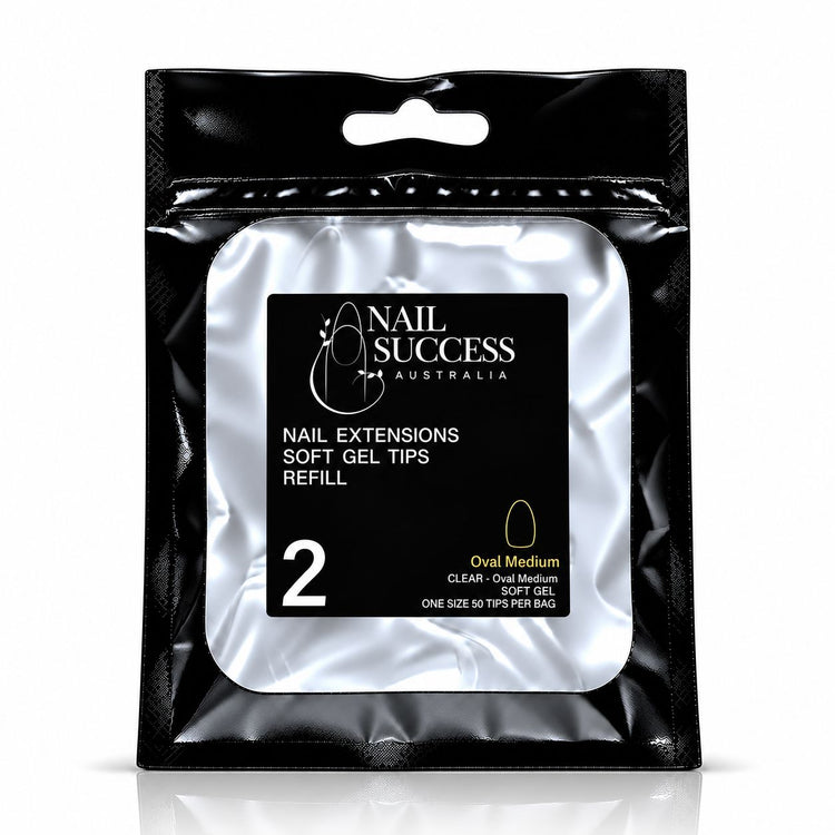Nail Success Australia Oval Medium soft gel tips refill pouch, size 2, 50 clear tips per bag