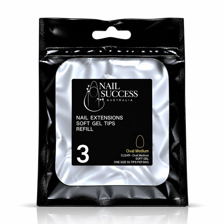Nail Success Australia Oval Medium soft gel tips refill pouch, size 3, 50 clear tips per bag