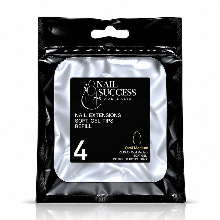 Nail Success Australia Oval Medium soft gel tips refill pouch, size 4, 50 clear tips per bag