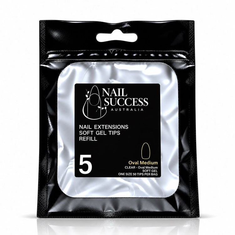 Nail Success Australia Oval Medium soft gel tips refill pouch, size 5, 50 clear tips per bag