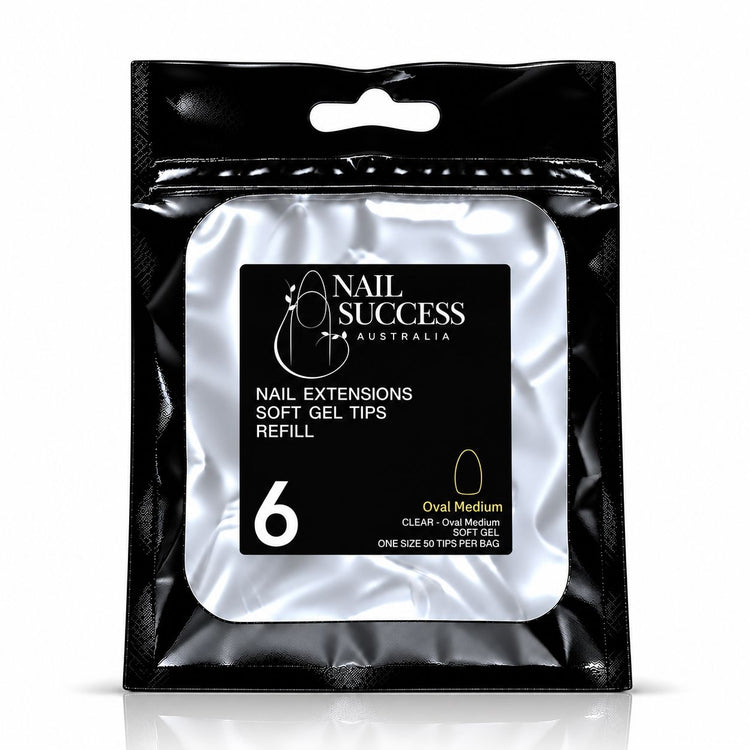 Nail Success Australia Oval Medium soft gel tips refill pouch, size 6, 50 clear tips per bag