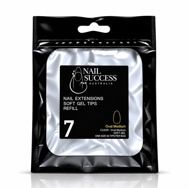 Nail Success Australia Oval Medium soft gel tips refill pouch, size 7, 50 clear tips per bag