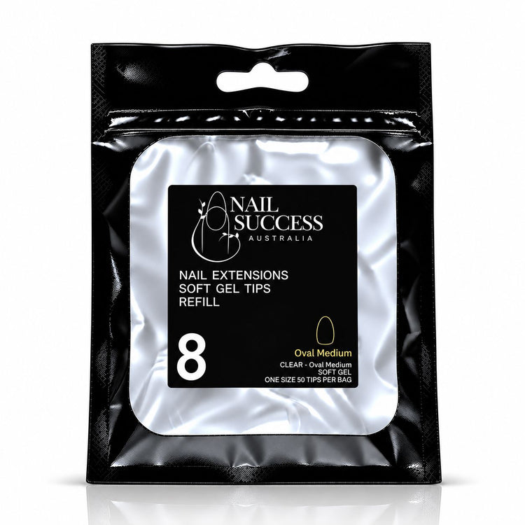 Nail Success Australia Oval Medium soft gel tips refill pouch, size 8, 50 clear tips per bag