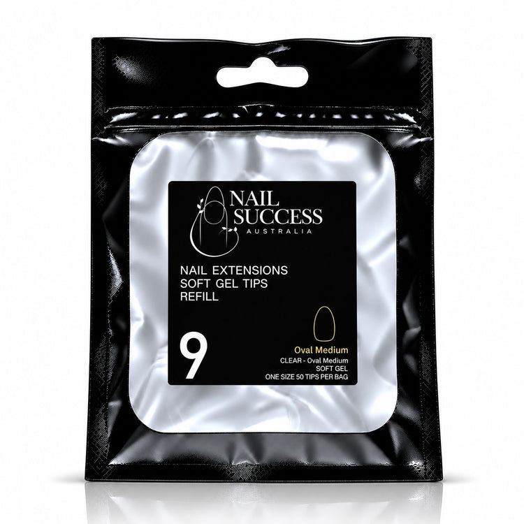 Nail Success Australia Oval Medium soft gel tips refill pouch, size 9, 50 clear tips per bag