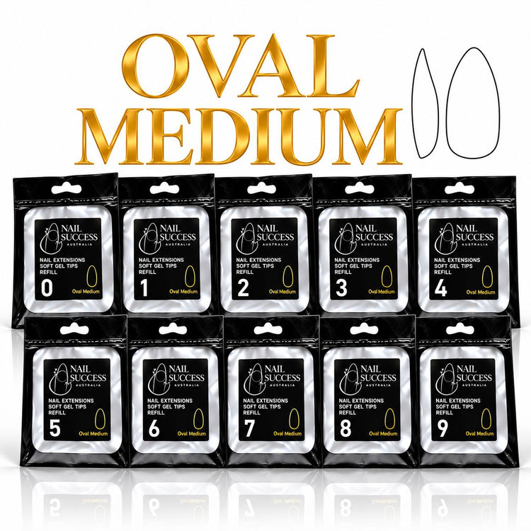 Nail Success Australia Oval Medium soft gel tips individual refills, all 10 sizes, 0 to 9, 50 clear tips per pouch
