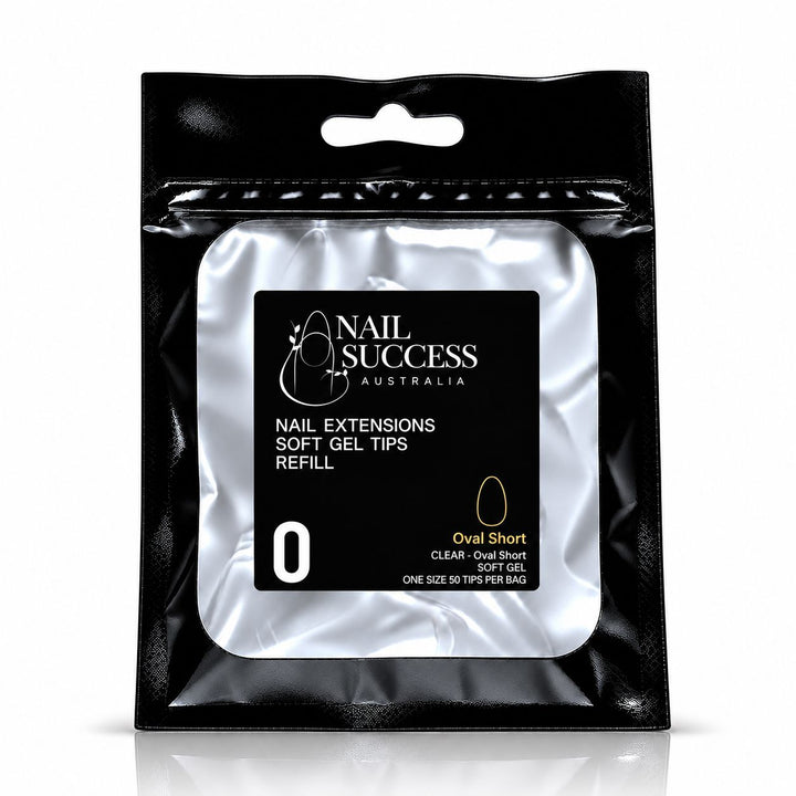Nail Success Australia Oval Short soft gel tips refill pouch, size 0, 50 clear tips per bag