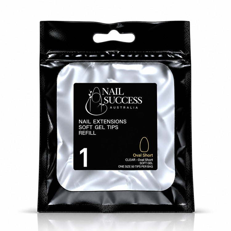 Nail Success Australia Oval Short soft gel tips refill pouch, size 1, 50 clear tips per bag