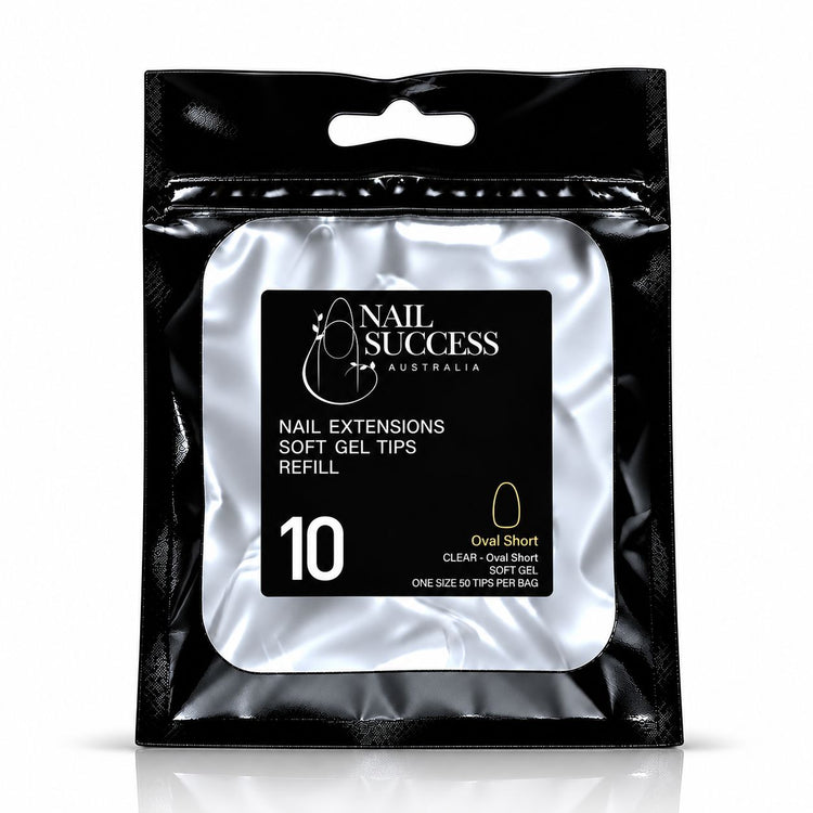 Nail Success Australia Oval Short soft gel tips refill pouch, size 10, 50 clear tips per bag