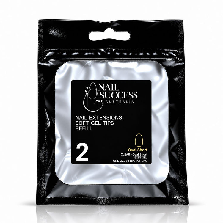 Nail Success Australia Oval Short soft gel tips refill pouch, size 2, 50 clear tips per bag