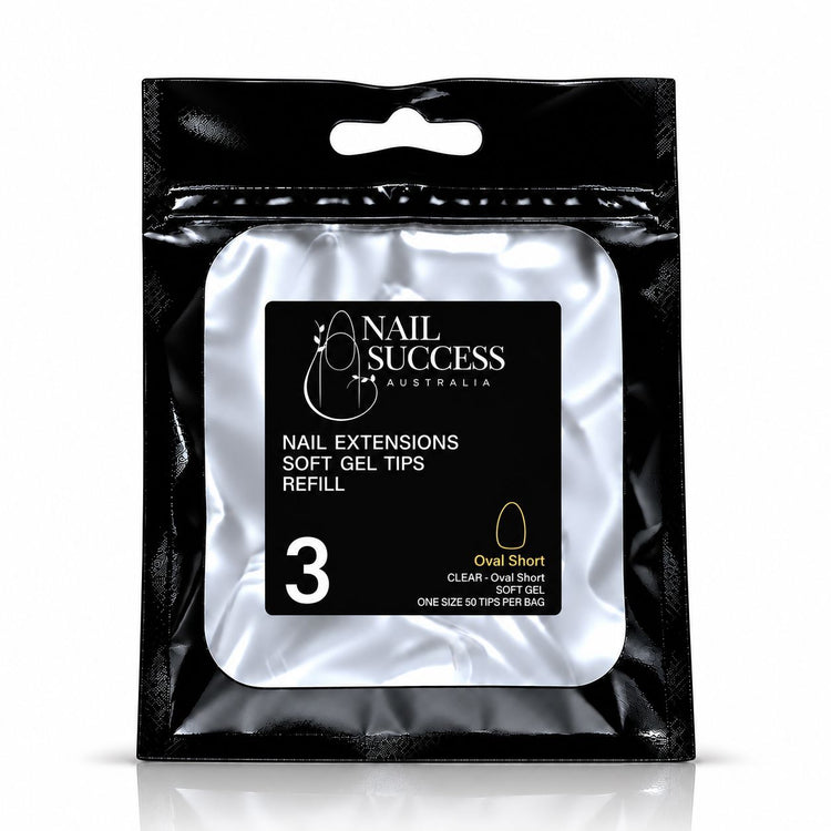 Nail Success Australia Oval Short soft gel tips refill pouch, size 3, 50 clear tips per bag