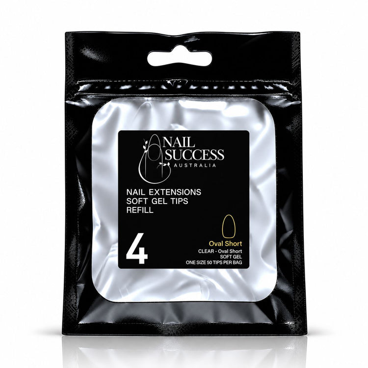 Nail Success Australia Oval Short soft gel tips refill pouch, size 4, 50 clear tips per bag