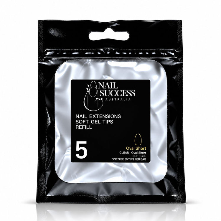 Nail Success Australia Oval Short soft gel tips refill pouch, size 5, 50 clear tips per bag