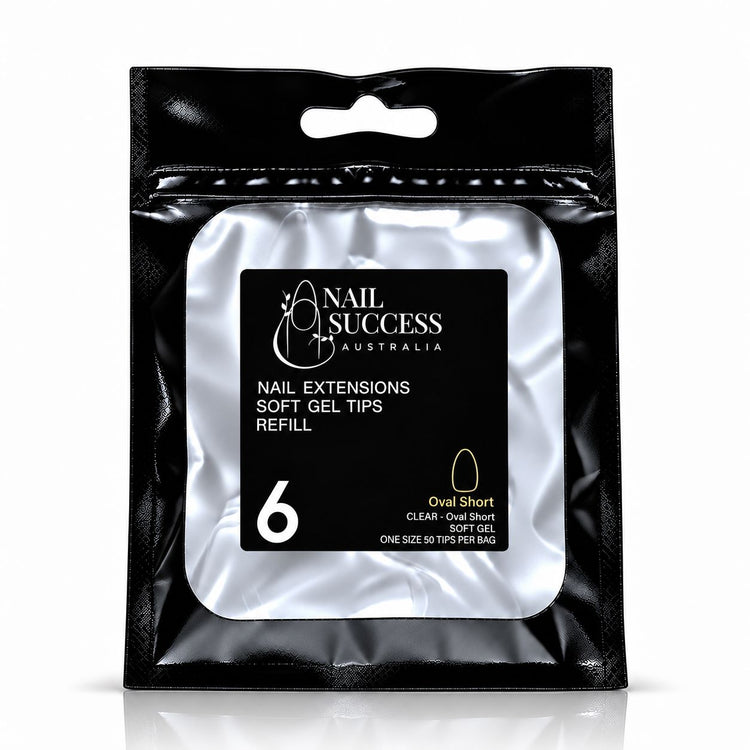 Nail Success Australia Oval Short soft gel tips refill pouch, size 6, 50 clear tips per bag
