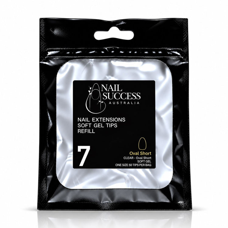Nail Success Australia Oval Short soft gel tips refill pouch, size 7, 50 clear tips per bag