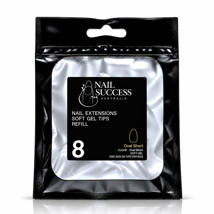 Nail Success Australia Oval Short soft gel tips refill pouch, size 8, 50 clear tips per bag