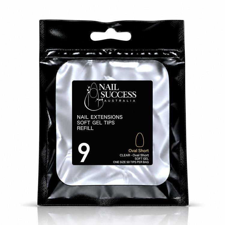 Nail Success Australia Oval Short soft gel tips refill pouch, size 9, 50 clear tips per bag