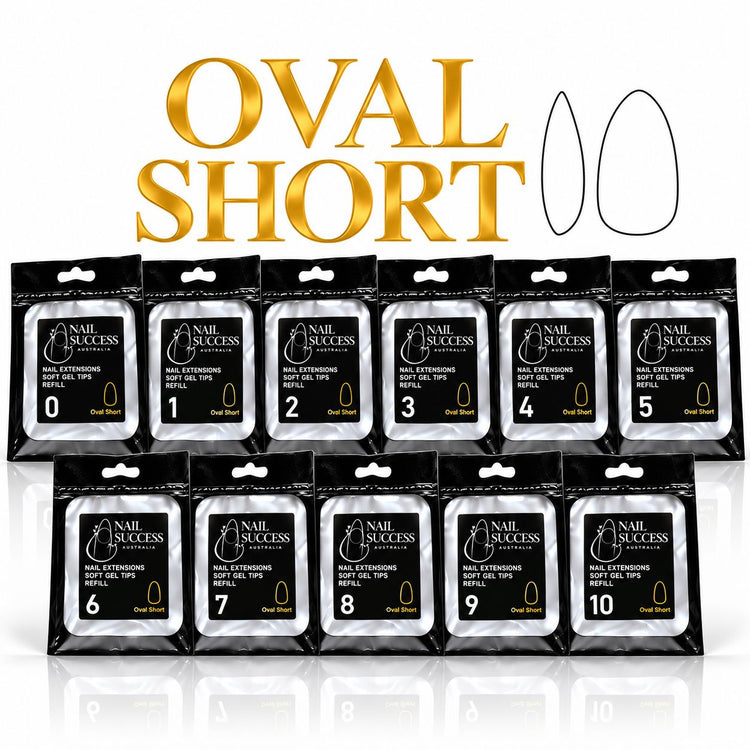Nail Success Australia Oval Short soft gel tips individual refills, all 11 sizes, 0 to 10, 50 clear tips per pouch