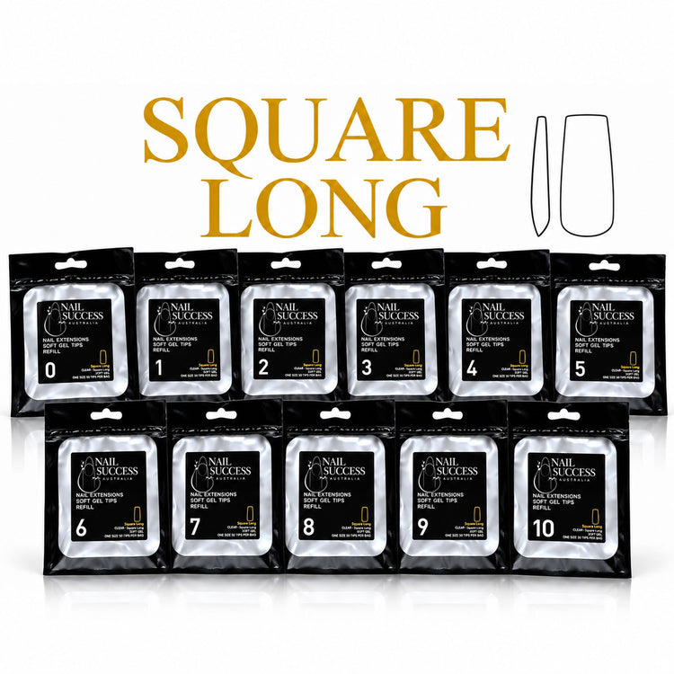 Nail Success Australia Square Long soft gel tips individual refills, all 11 sizes, 0 to 10, 50 clear tips per pouch