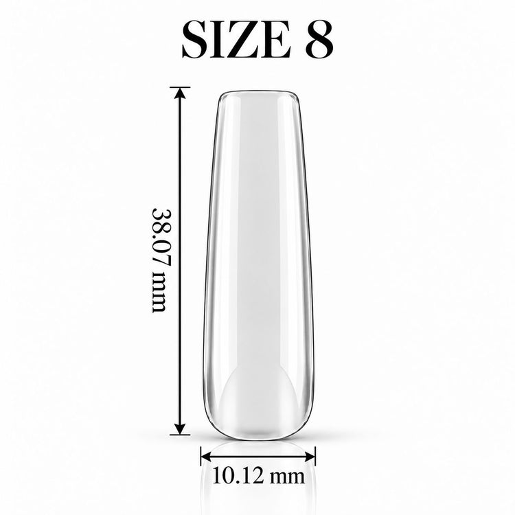Nail Success Australia Square Long soft gel tip, size 8, clear, 38.07 mm long x 10.12 mm wide