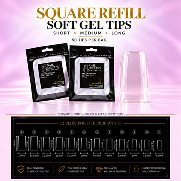 Nail Success Australia Square refill soft gel tips in Short, Medium and Long, 50 tips per bag, with the Square Short size chart for all 12 sizes