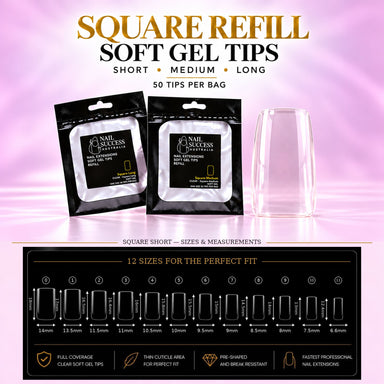 Nail Success Australia Square refill soft gel tips in Short, Medium and Long, 50 tips per bag, with the Square Short size chart for all 12 sizes