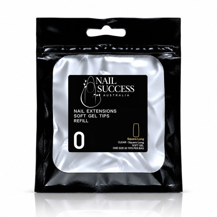 Nail Success Australia Square Long soft gel tips refill pouch, size 0, 50 clear tips per bag