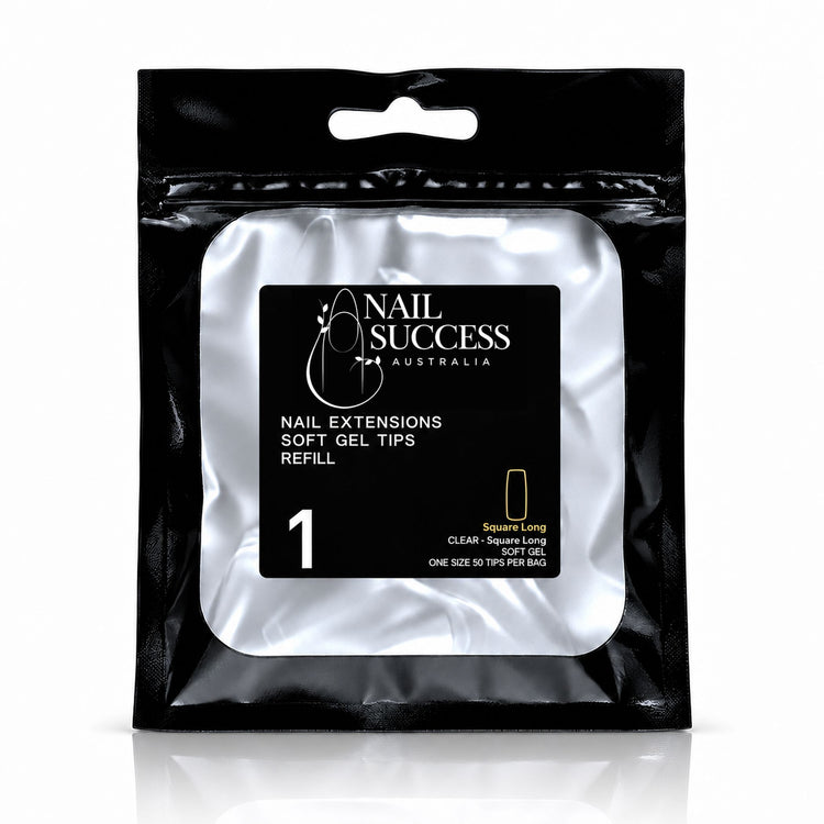 Nail Success Australia Square Long soft gel tips refill pouch, size 1, 50 clear tips per bag