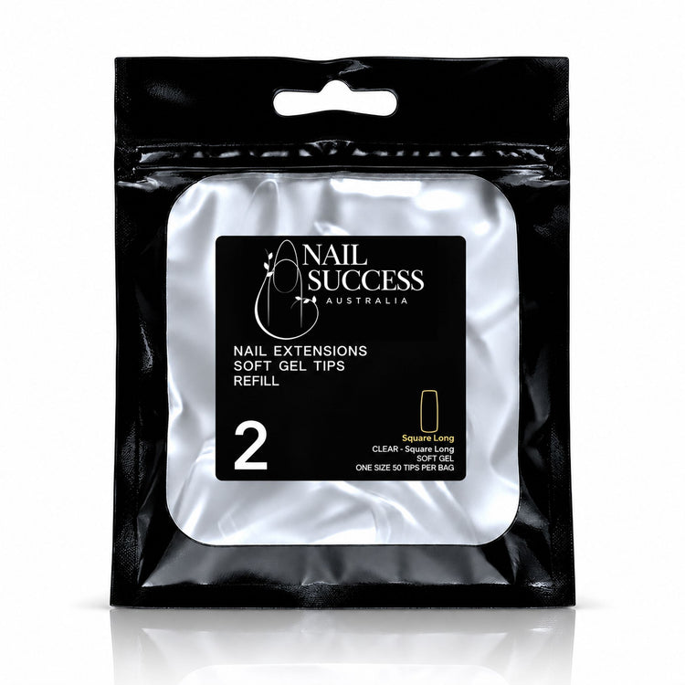 Nail Success Australia Square Long soft gel tips refill pouch, size 2, 50 clear tips per bag