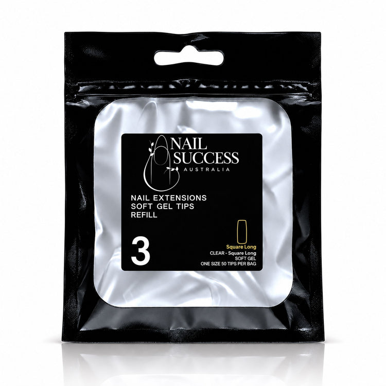 Nail Success Australia Square Long soft gel tips refill pouch, size 3, 50 clear tips per bag