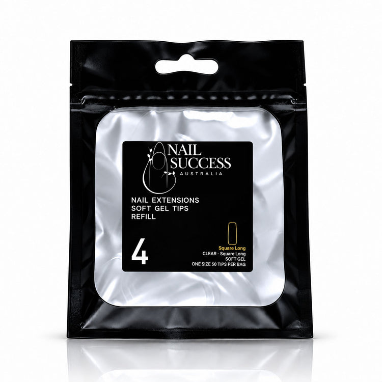 Nail Success Australia Square Long soft gel tips refill pouch, size 4, 50 clear tips per bag