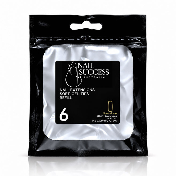 Nail Success Australia Square Long soft gel tips refill pouch, size 6, 50 clear tips per bag
