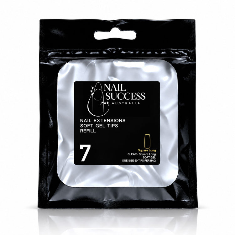Nail Success Australia Square Long soft gel tips refill pouch, size 7, 50 clear tips per bag