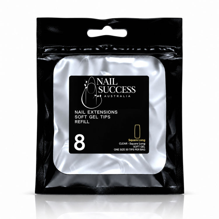 Nail Success Australia Square Long soft gel tips refill pouch, size 8, 50 clear tips per bag