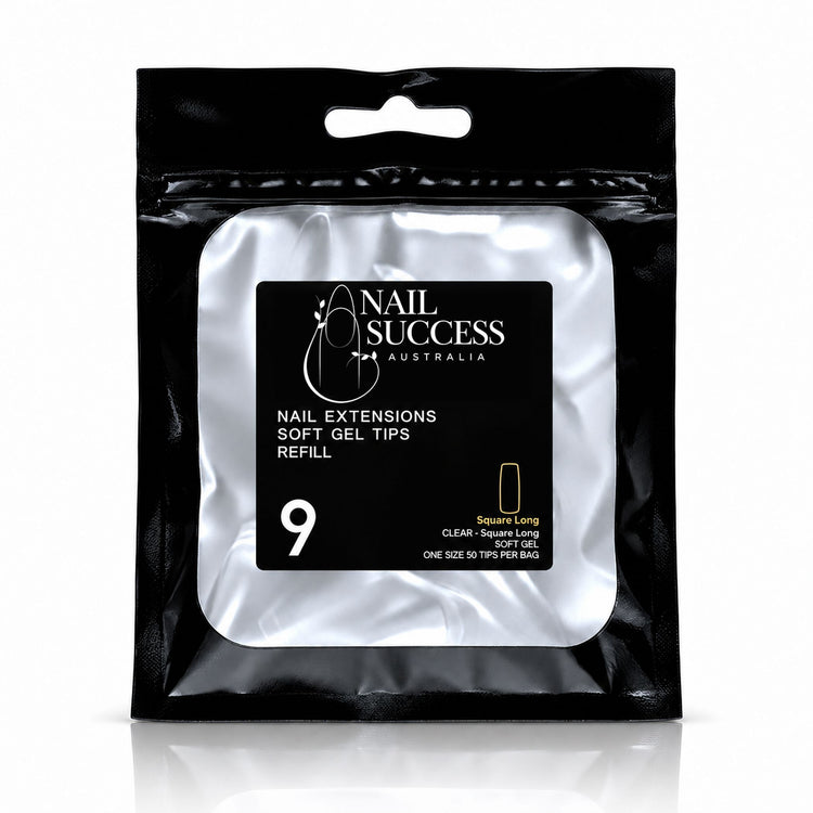 Nail Success Australia Square Long soft gel tips refill pouch, size 9, 50 clear tips per bag
